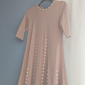 Peach A-line Dress with white metal button detailing 3/4 sleeve/cap sleeve